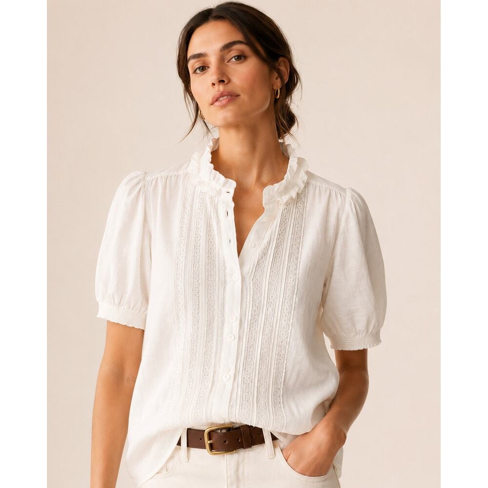 ME+EM White Cotton Pintuck Lace Trim Blouse | Ruffle Collar | US 6
